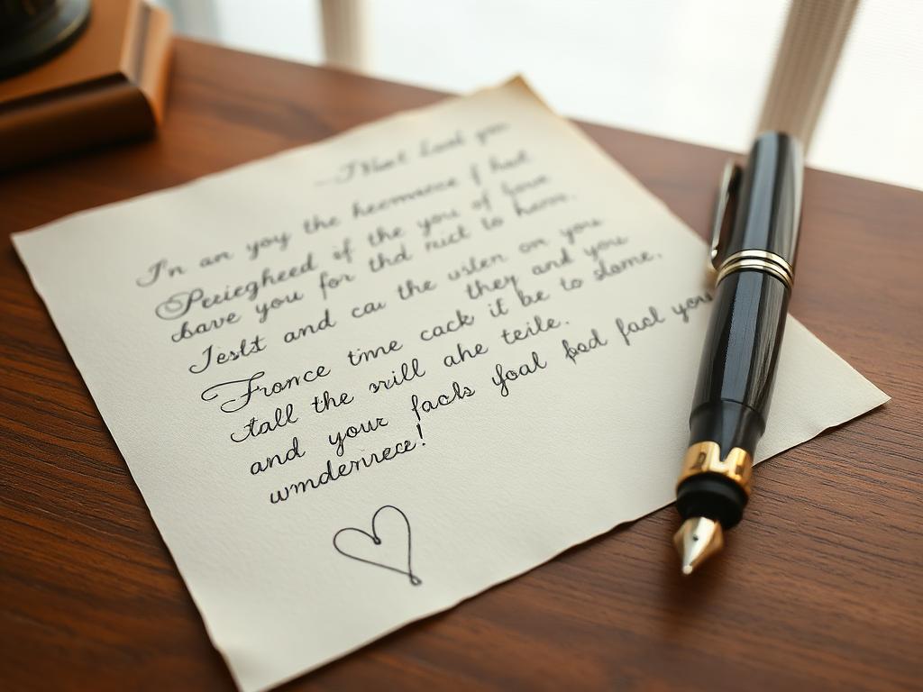 Handwritten cursive letter beside a fountain pen on a wooden desk