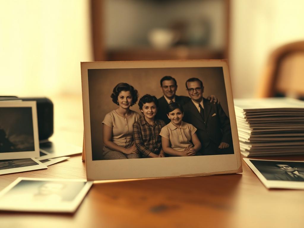 Vintage family portrait resting among old photos