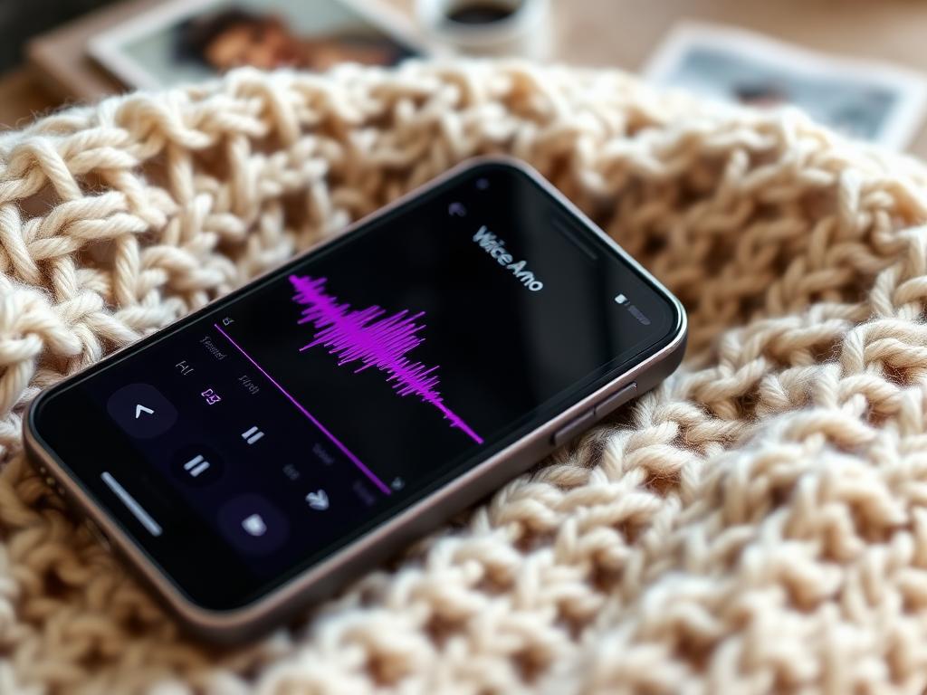 Phone on a knit blanket playing a voice memo with a purple waveform